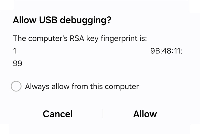 USB debugging RSA authorization prompt