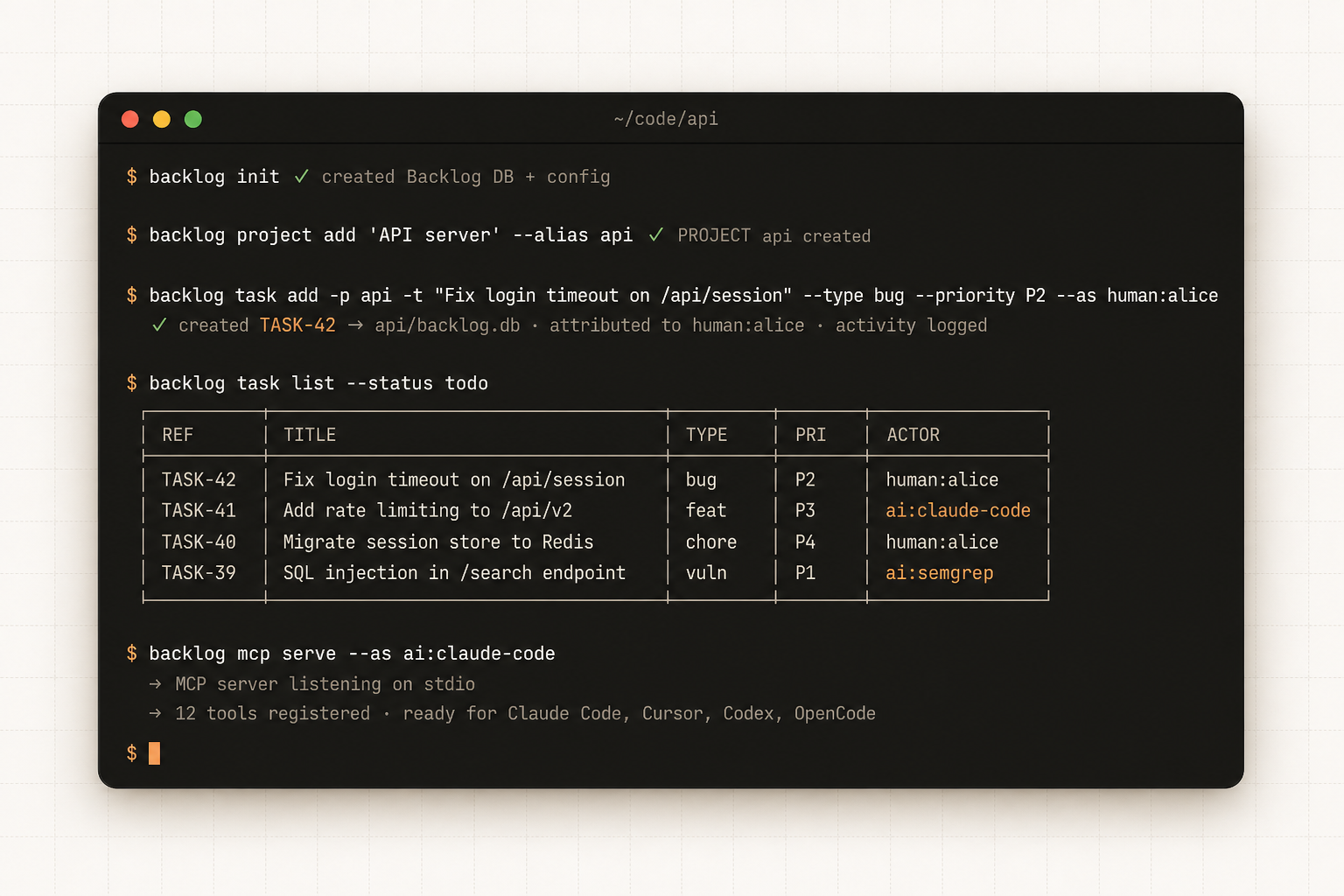 Backlog CLI: backlog init, task add, task list, mcp serve