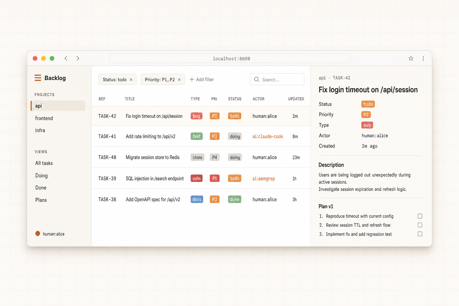Backlog web UI showing tasks table with mixed human and AI agent attribution