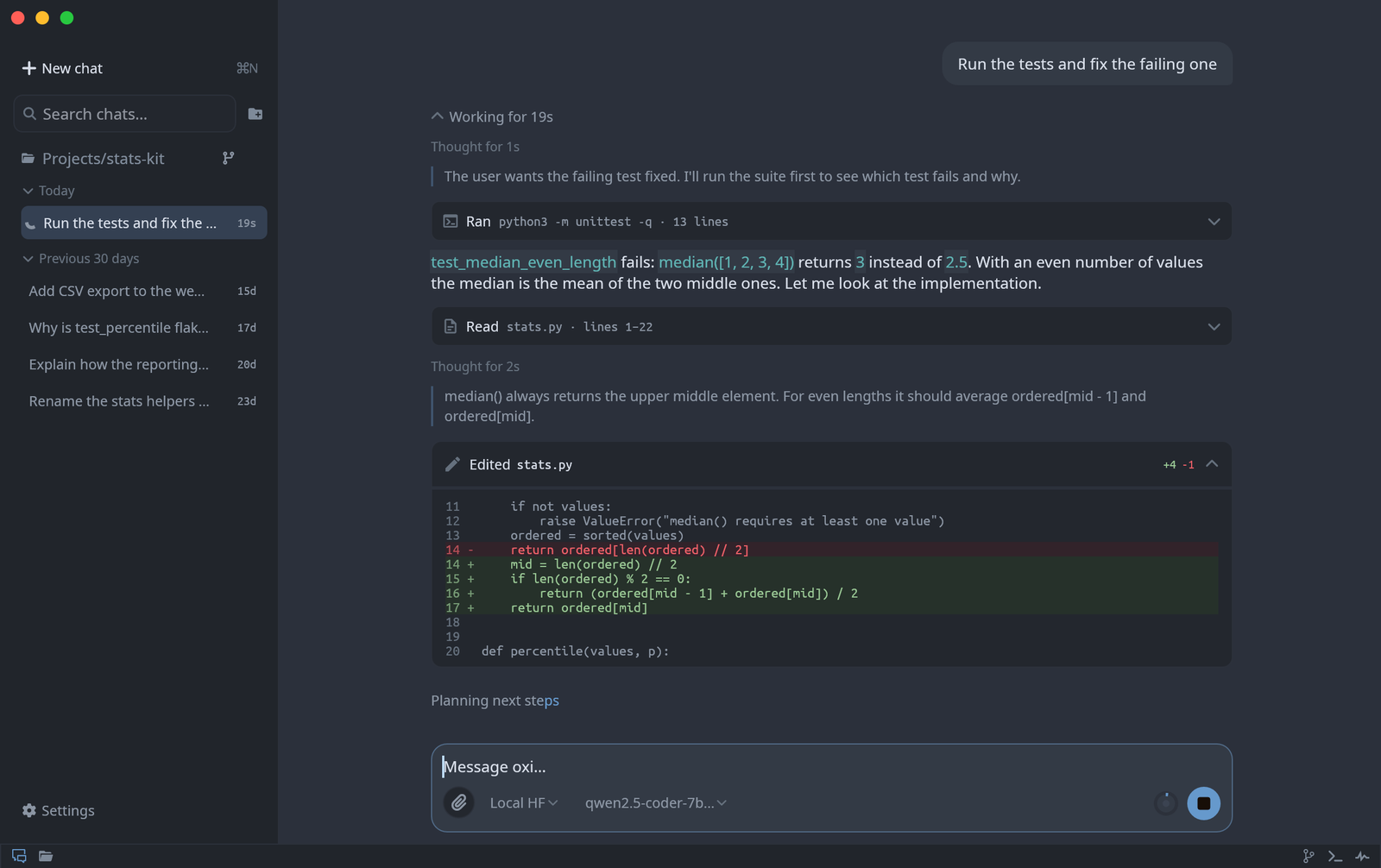 The agent running tests, reading stats.py and showing its edit as a diff
