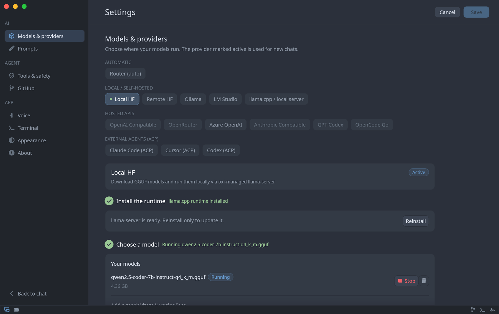 Local HF settings with the runtime installed and a Qwen model running