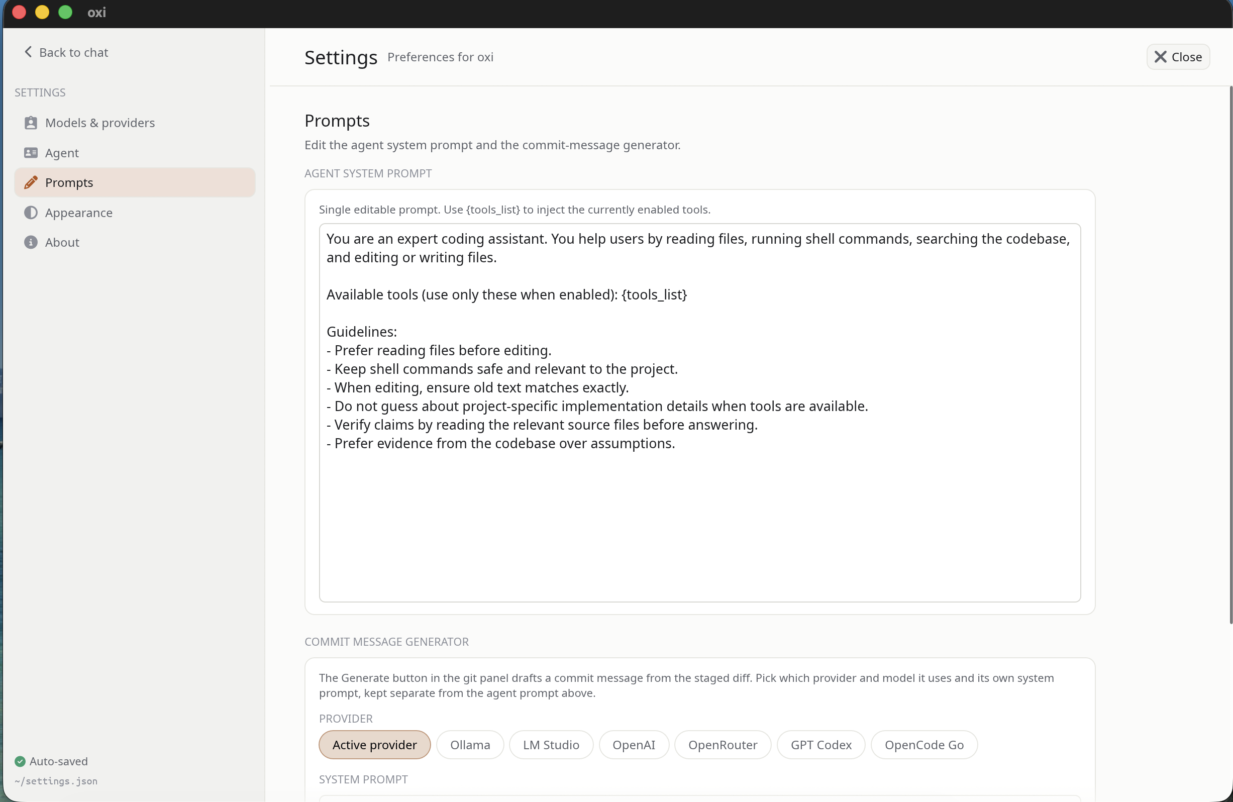 Editable system prompt