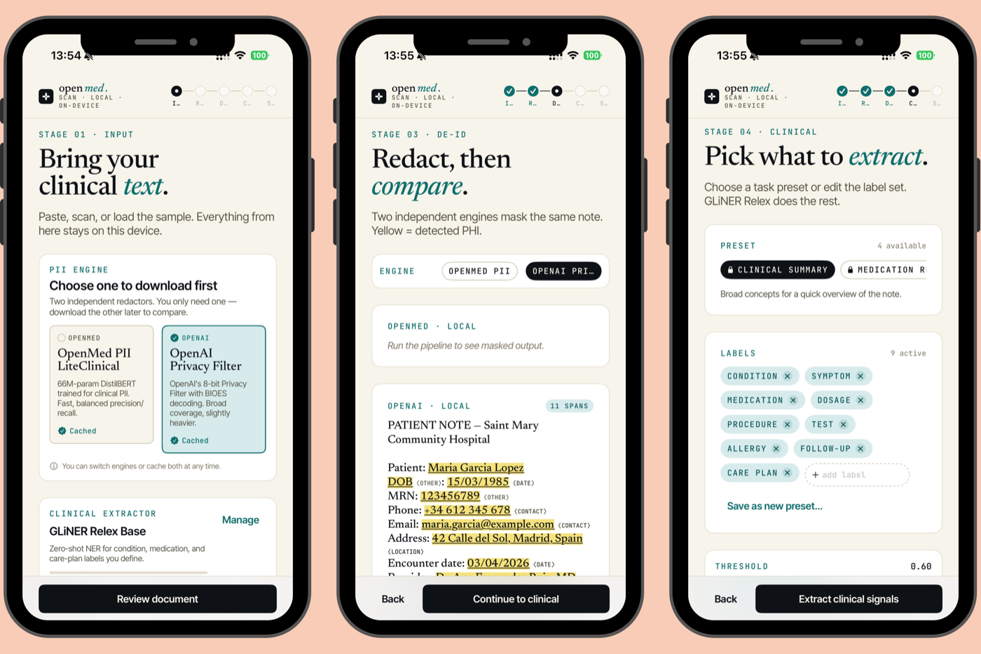 OpenMed Scan on iPhone — on-device PII de-identification and clinical extraction via OpenMedKit