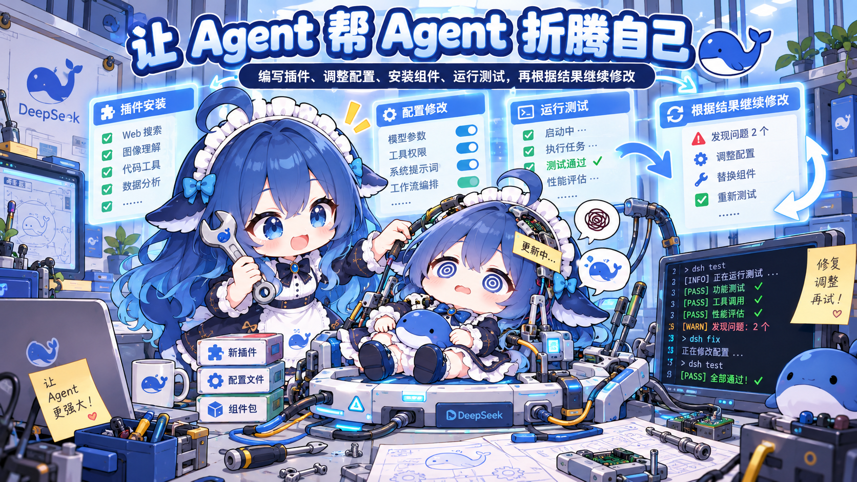 让一个 Agent 为另一个独立 DSH 编写插件、安装组件并反复测试的宣传插画