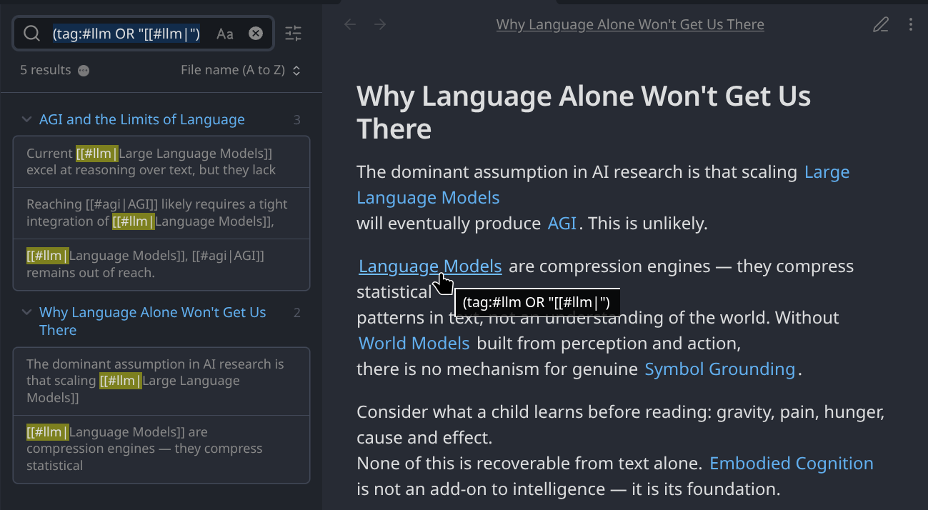 Reading view with search results