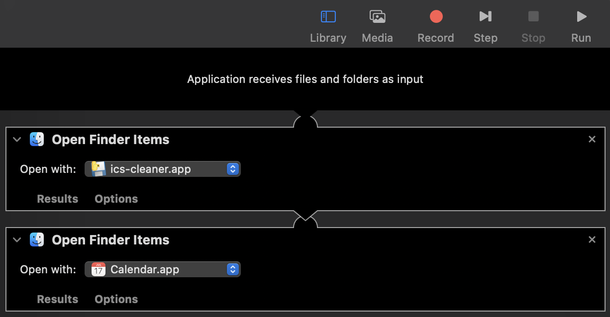 Screenshot of automator configured as described below.