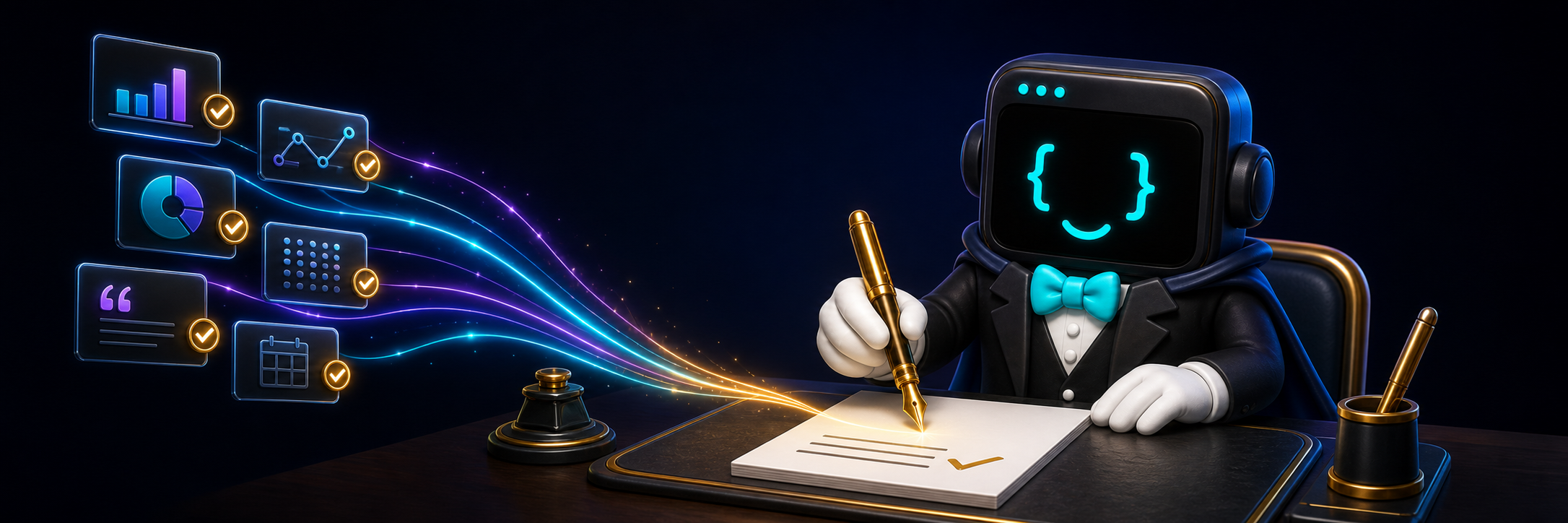 The Maestro mascot writing with a gold fountain pen as evidence cards become a finished page