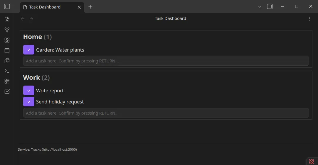 Example dashboard with the contexts "Home" and "Work" and their respective tasks.