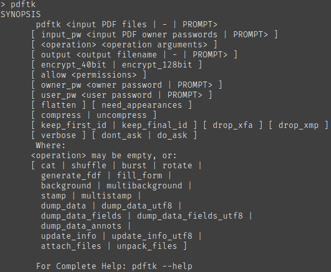 An example terminal output when calling pdftk from command line