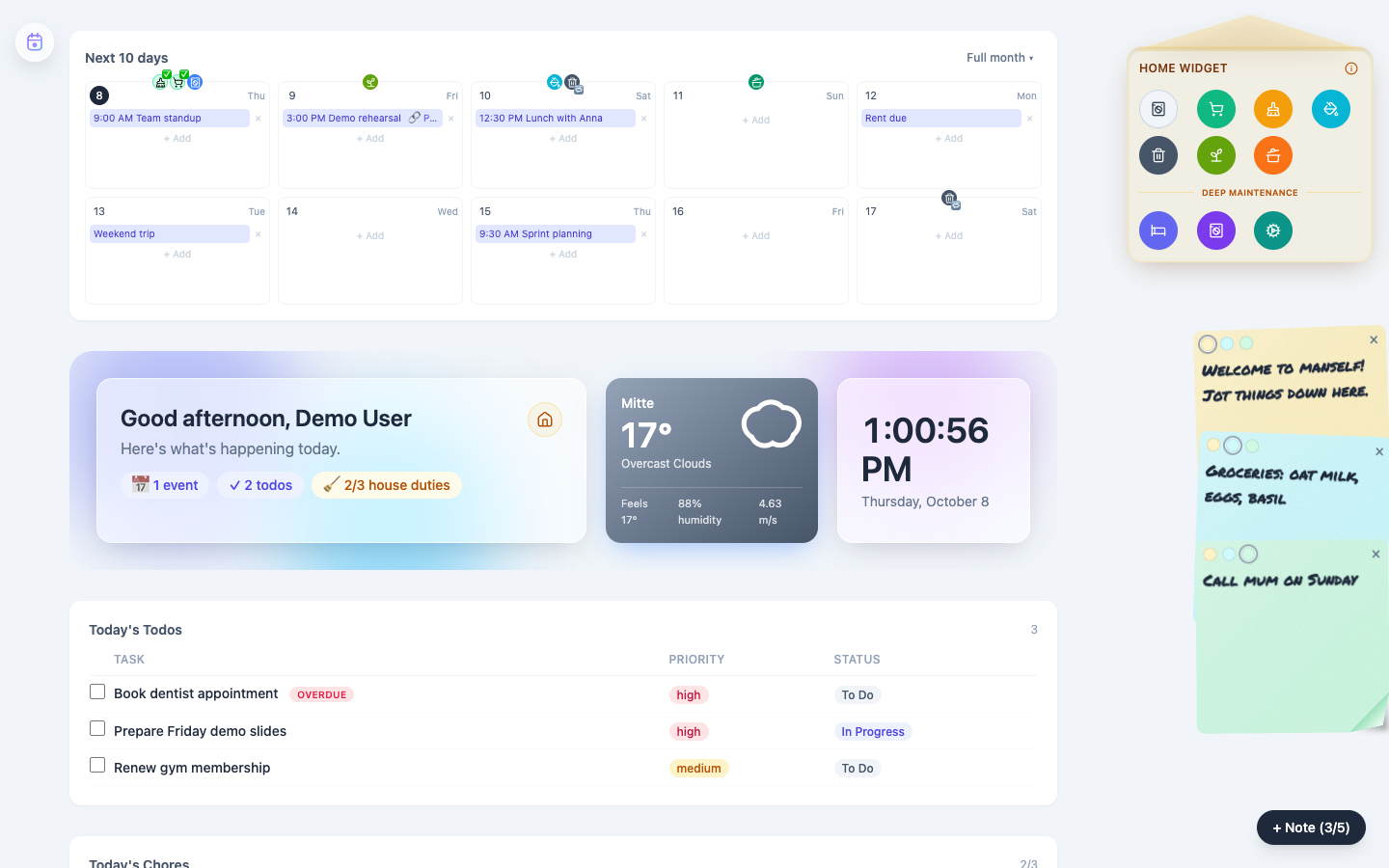 The manself dashboard: ten-day calendar, chores widget, weather, clock, todos and sticky notes
