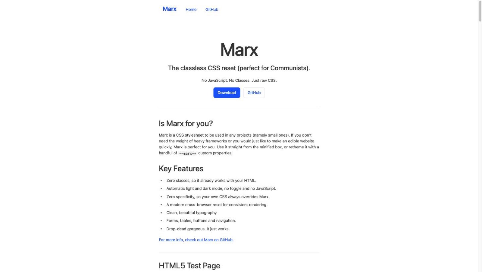 Plain semantic HTML styled by Marx with no classes