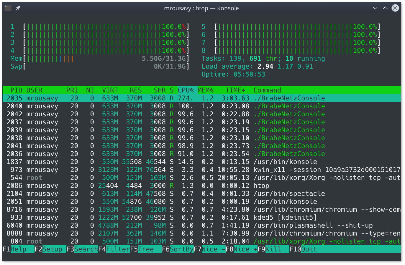 Running on Linux (Task View - htop)