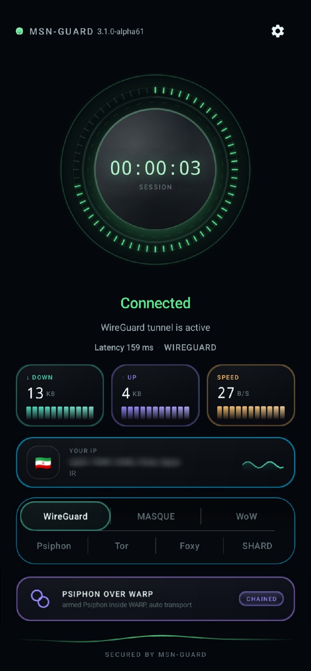 داشبورد MSN-GUARD با تونل WireGuard متصل، آمار زندهٔ ترافیک، روشهای اتصال و وضعیت Psiphon روی WARP