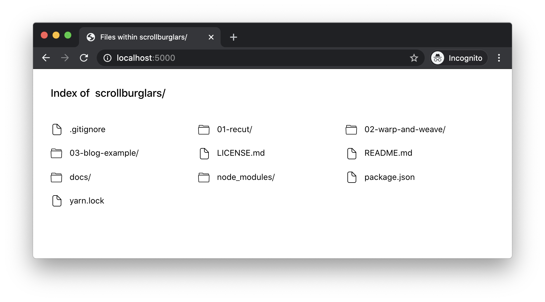 A directory listing of the files and folders in this project, in a web browser