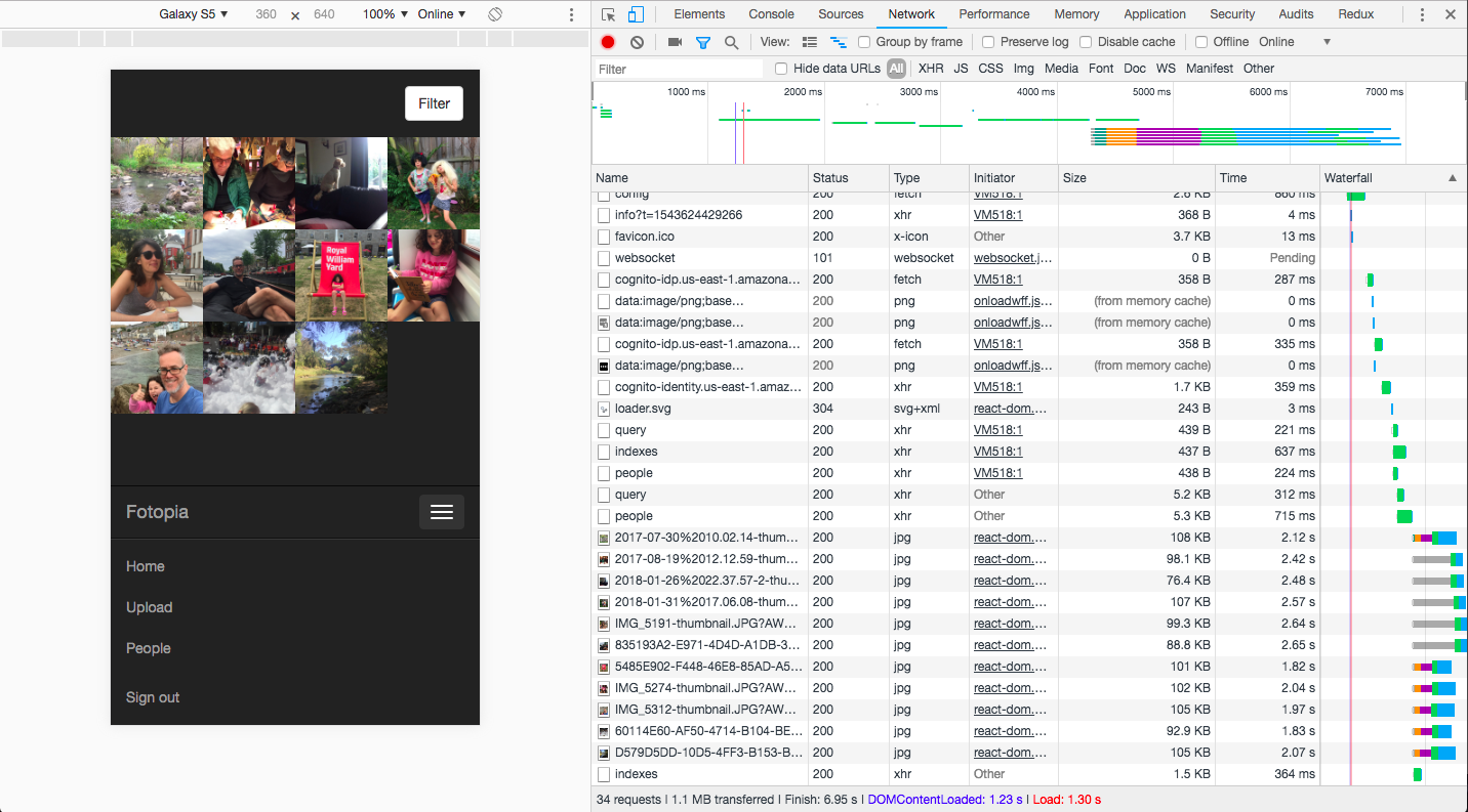fotopia in chrome screenshot showing dev tools network tab