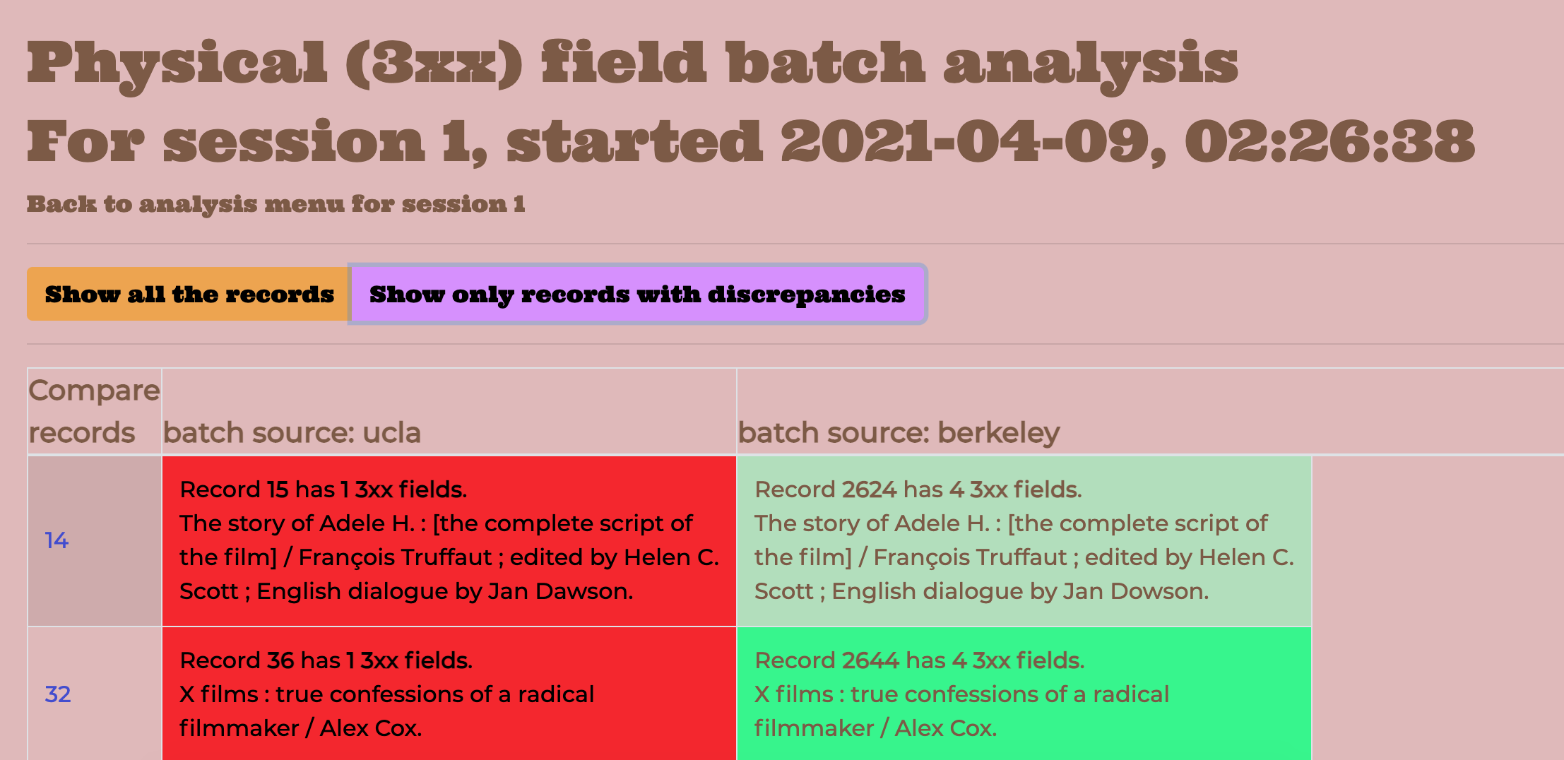 table of records from UCLA and Berkeley, compared by tally of fields in the physical description field set filtered to only include records with differences