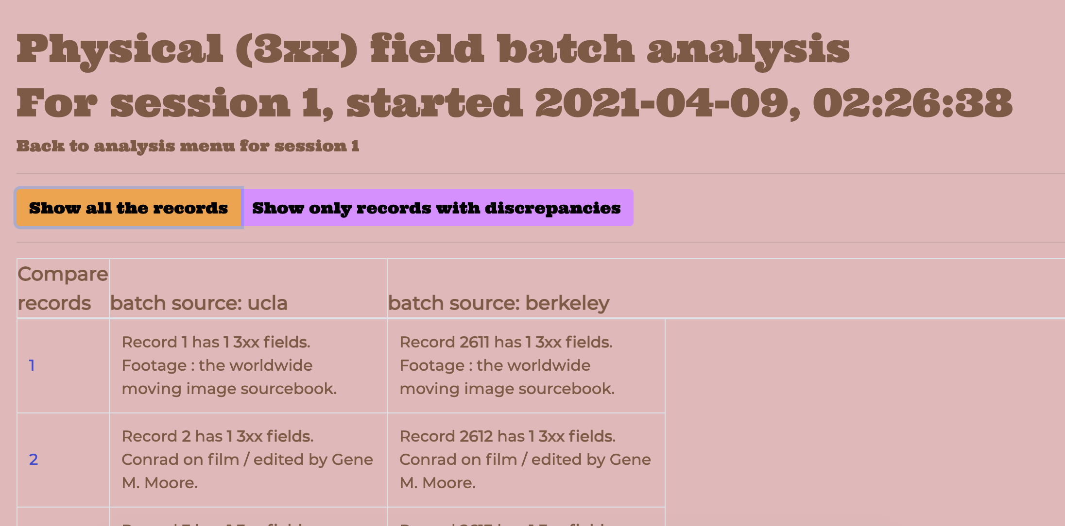 table of records from UCLA and Berkeley, compared by tally of fields in the physical description field set