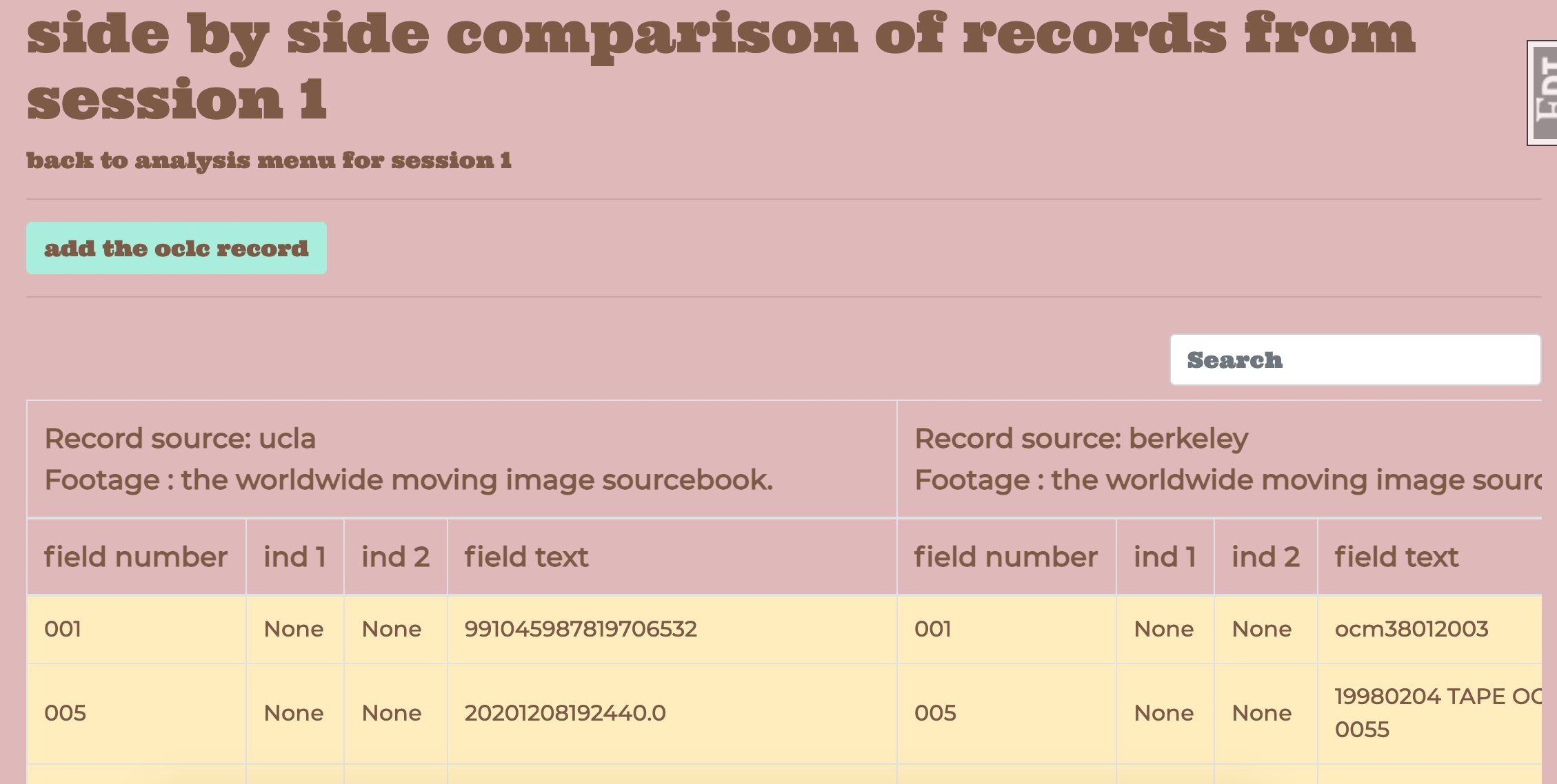 table view of side by side comparison of two marc records