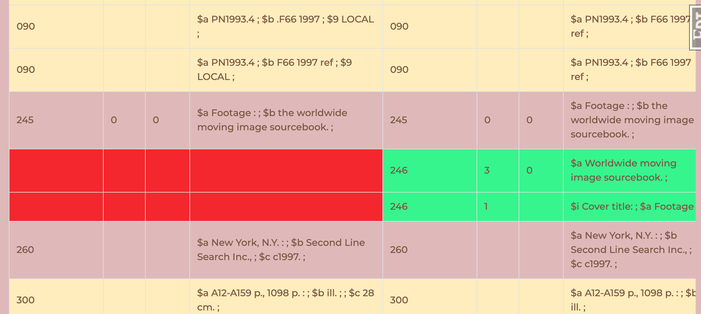 table view of side by side comparison of two marc records