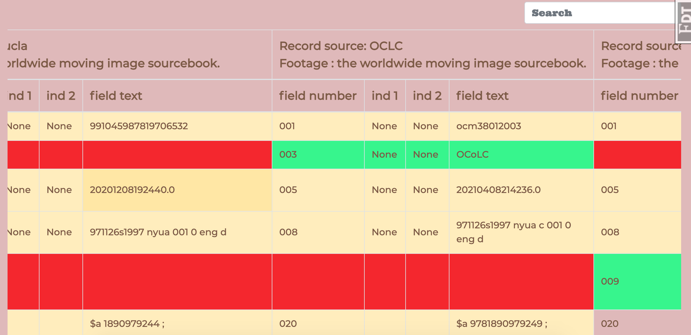 table view of side by side comparison of two marc records with an OCLC record in one column