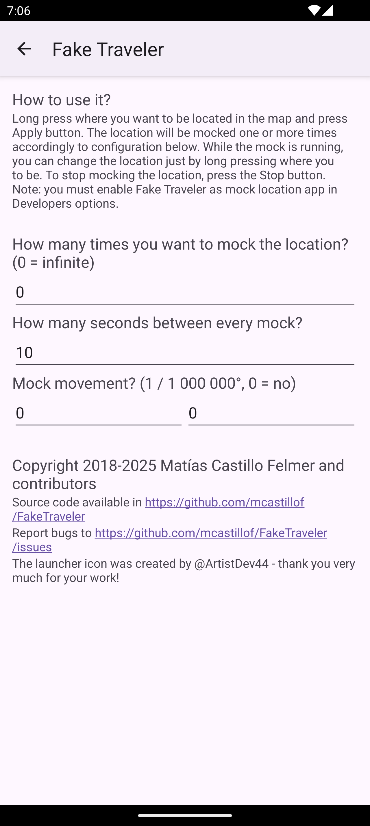 Settings section of the app