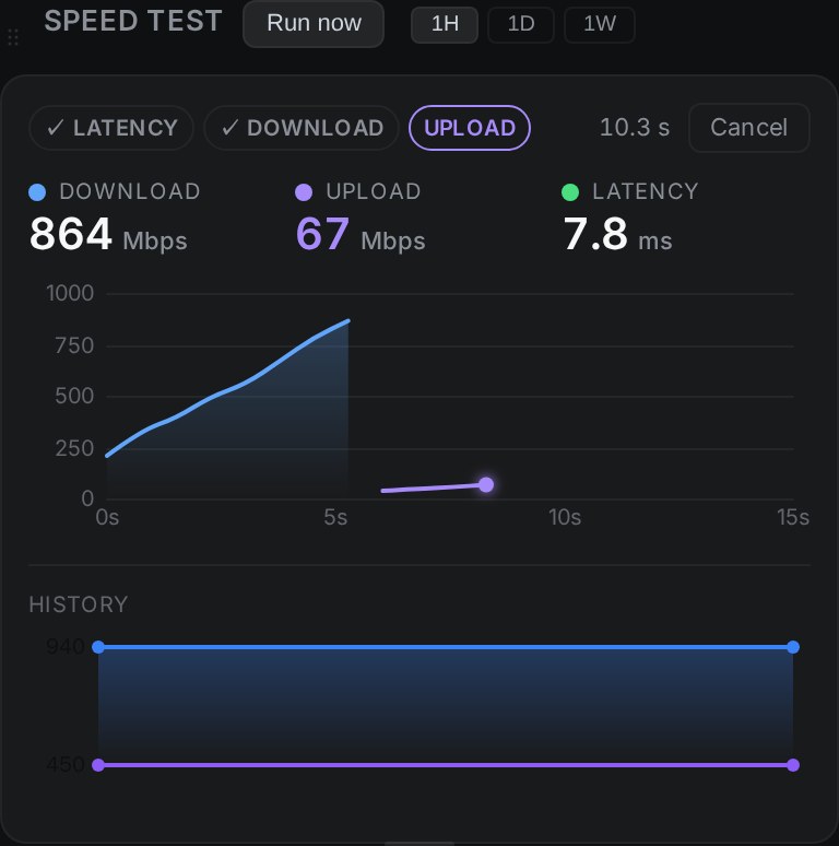 Speed test card during a test: the Latency, Download and Upload steps, live readouts, and a chart of download and upload Mbps with the history chart below