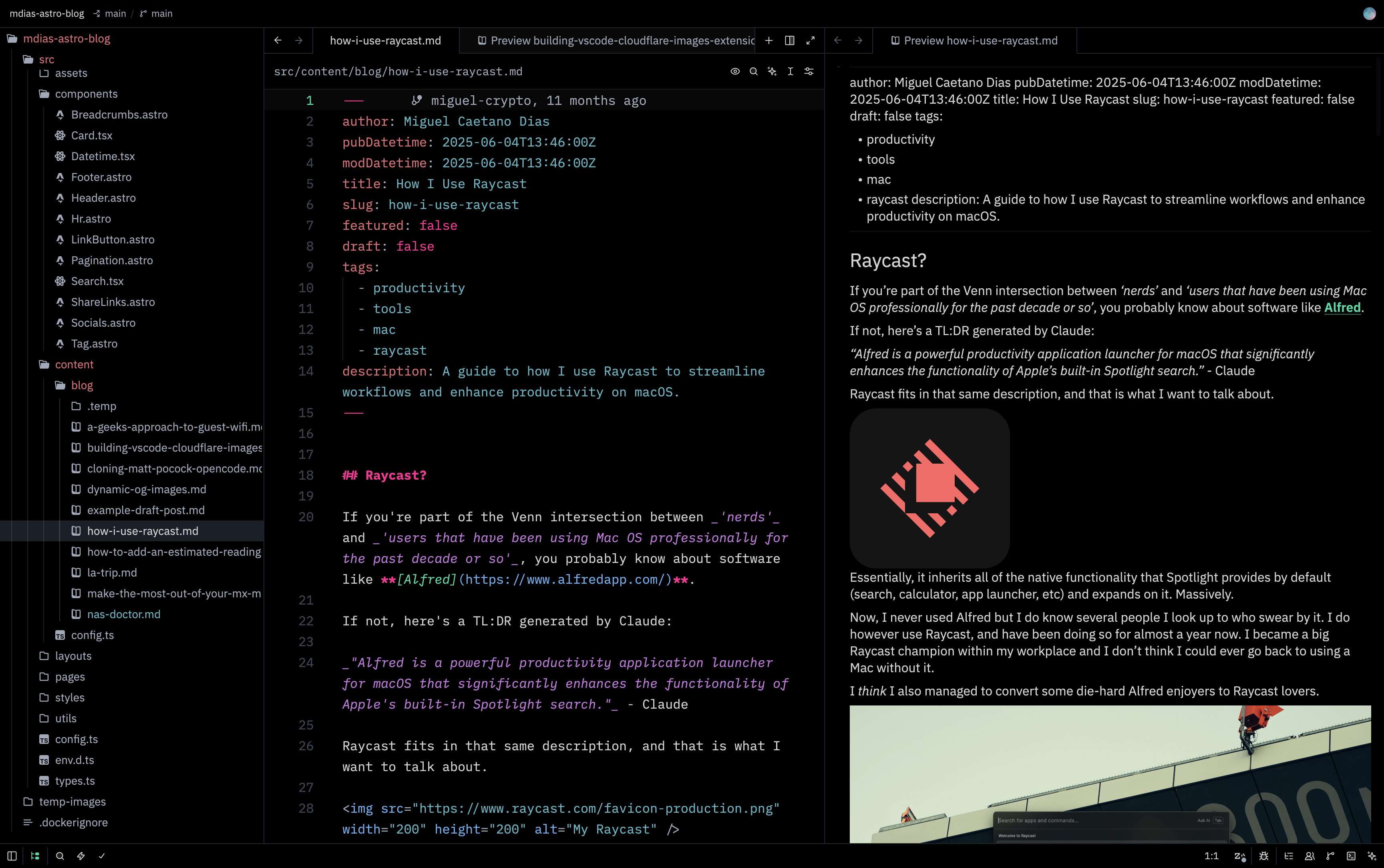 Mdias OLED rendering a markdown file with source and preview panes side-by-side