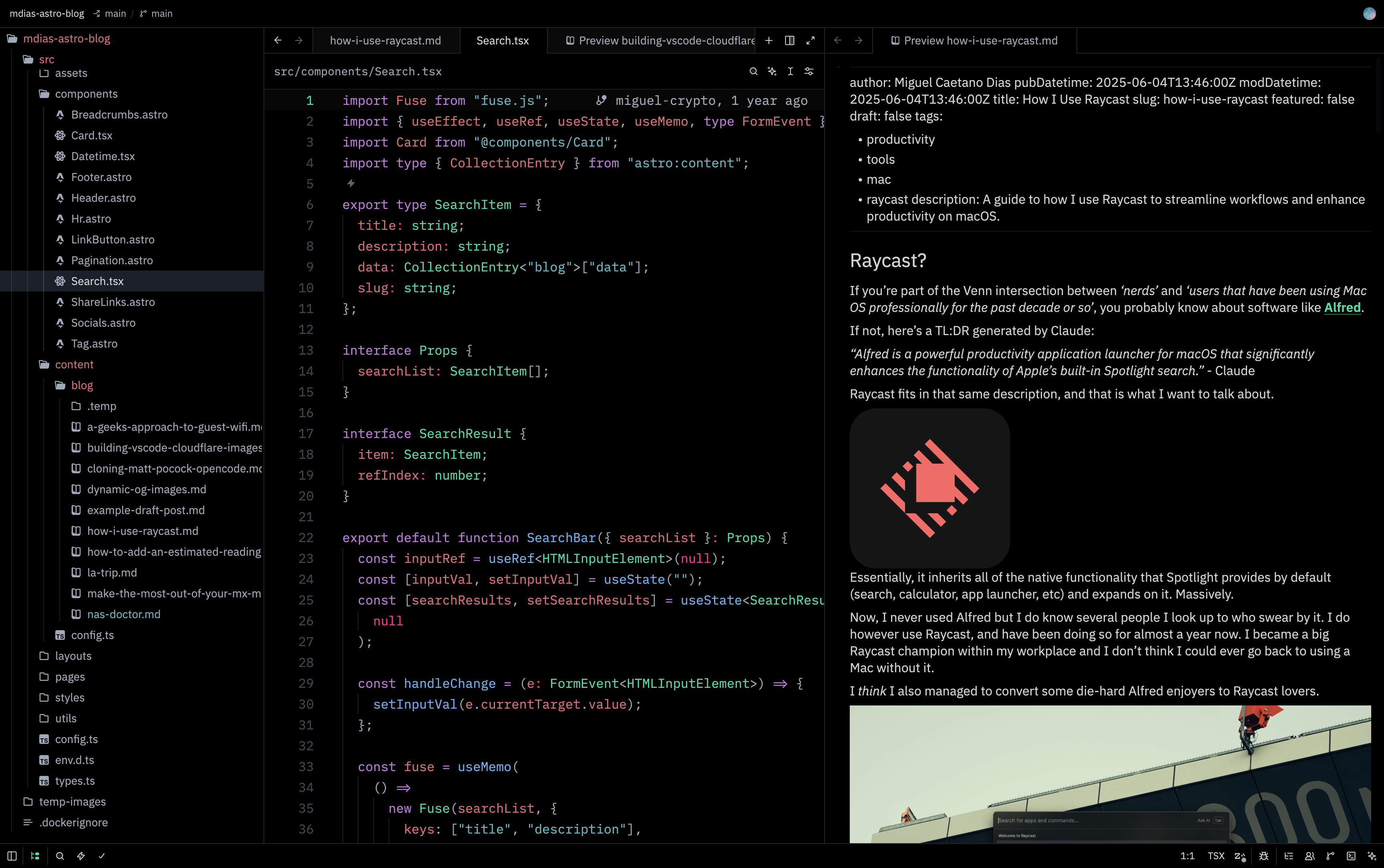 Mdias OLED showcase: TypeScript code on the left, rendered markdown preview on the right, pure black background