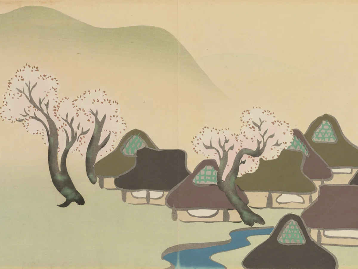 Fine art village landscape with flowering trees