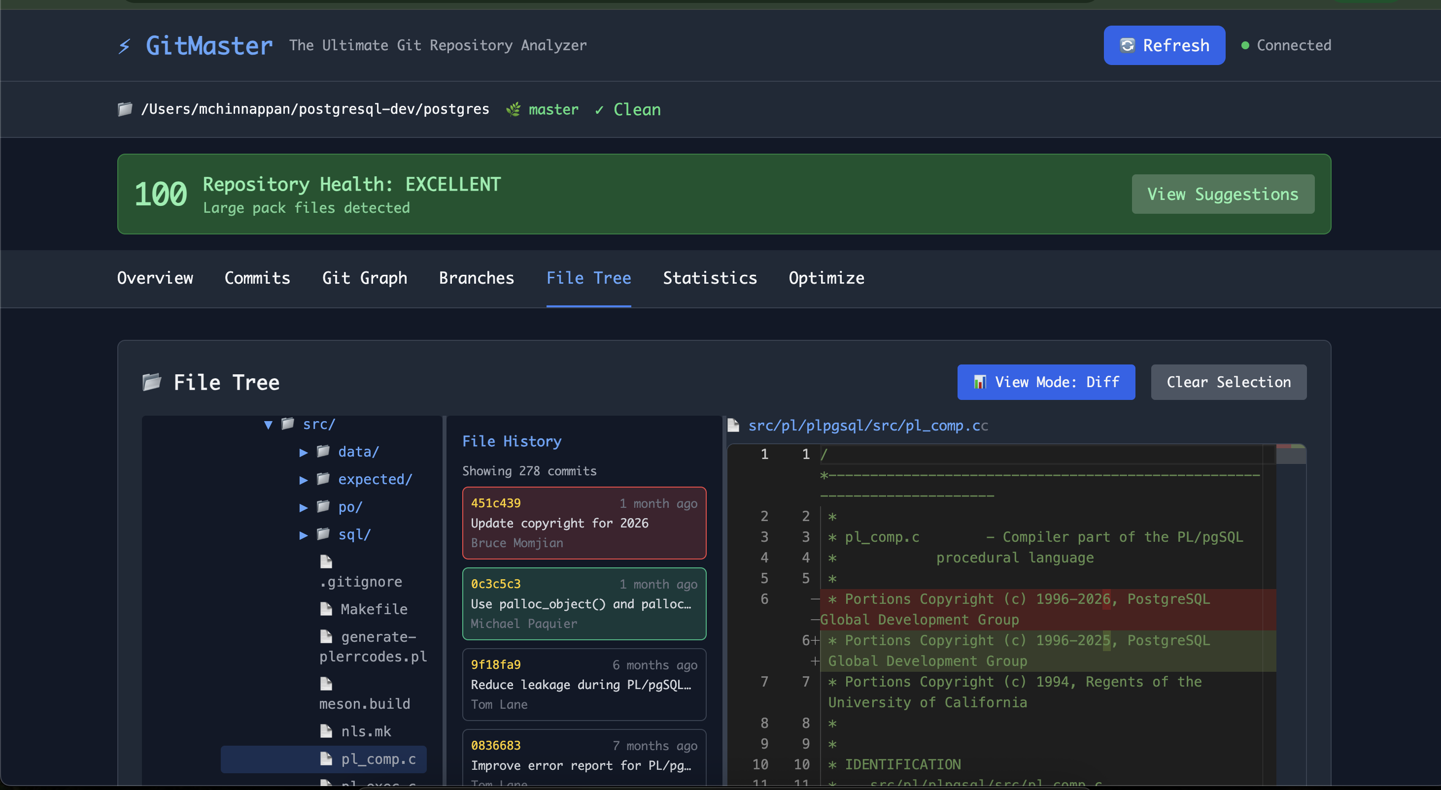 Git Diff on postgres repo