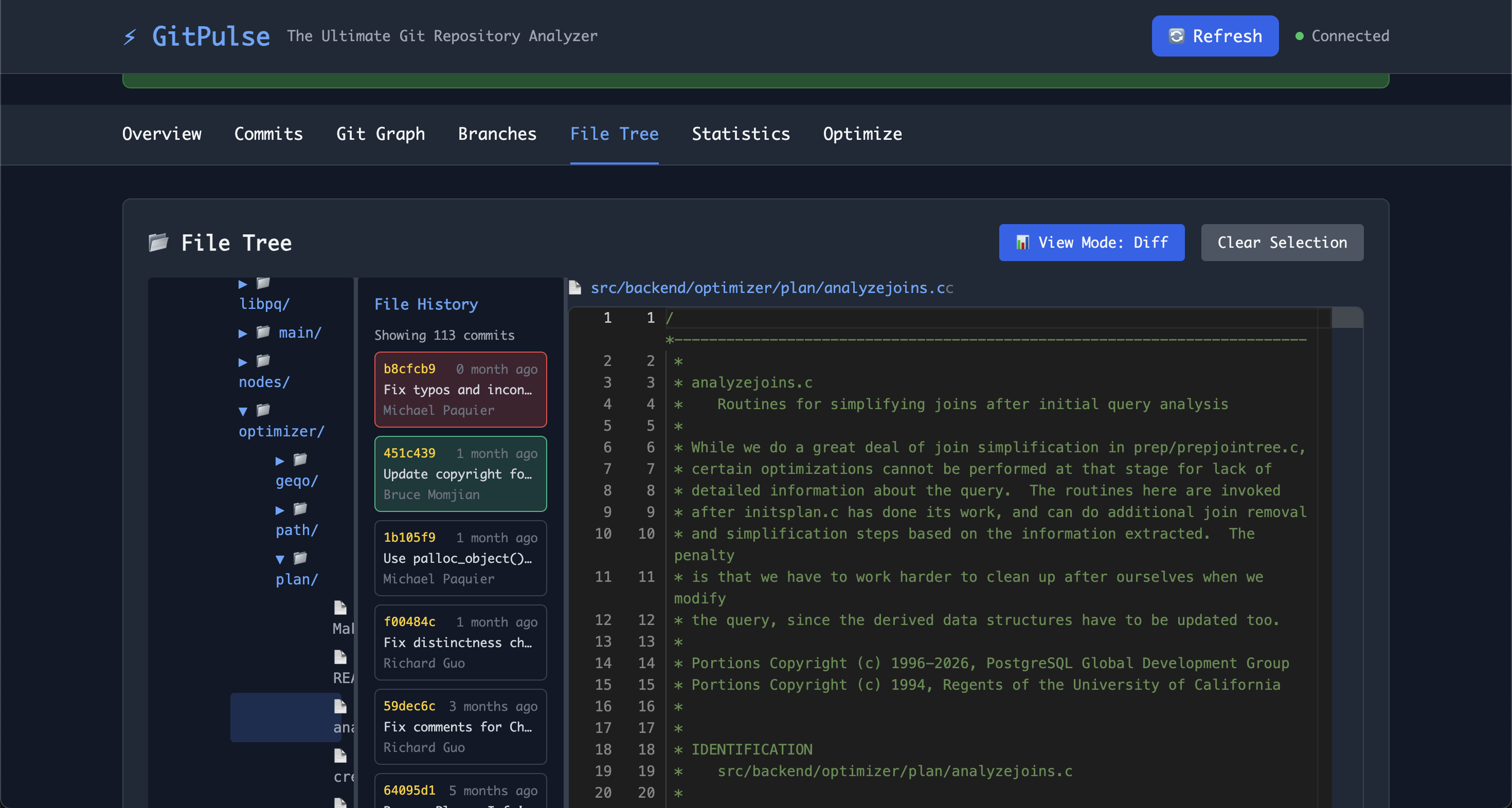 Git Diff on postgres repo