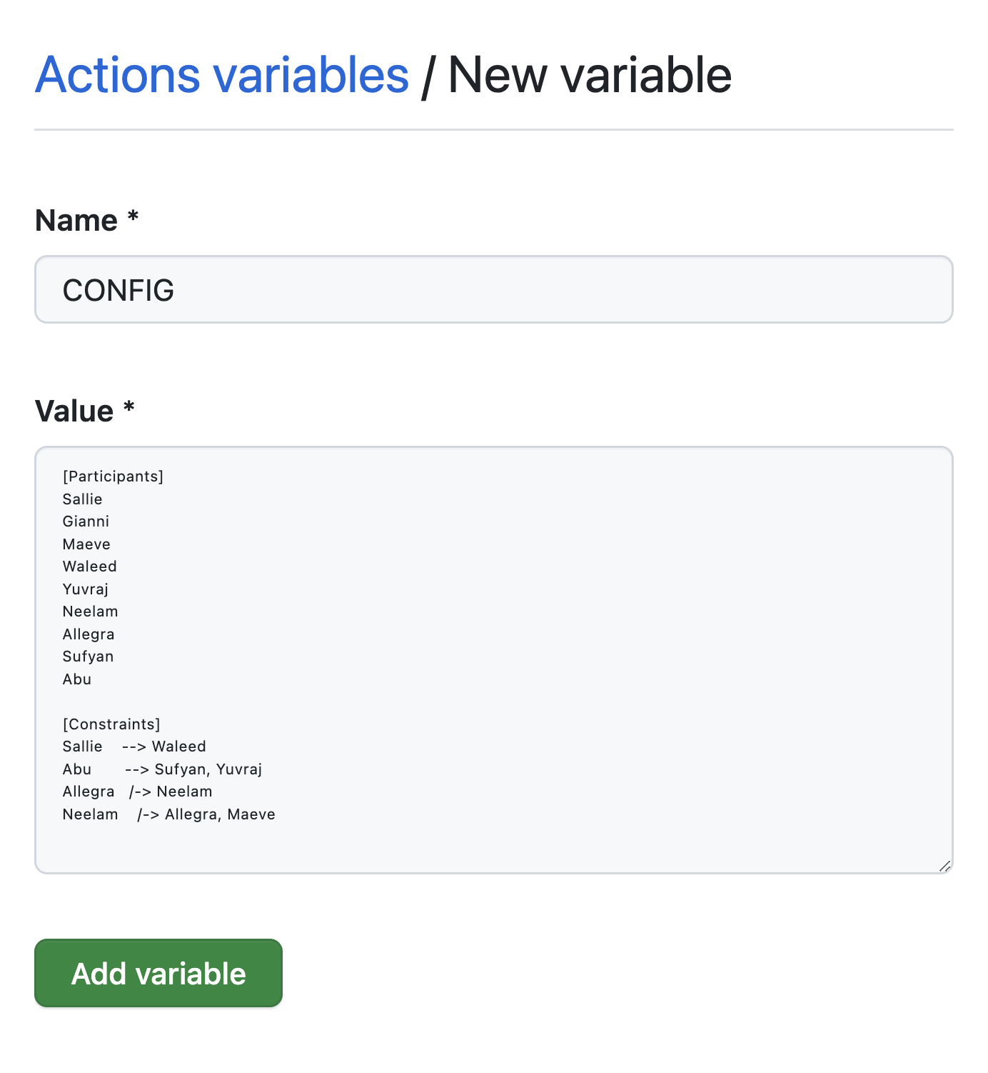 The GitHub form for adding a new variable