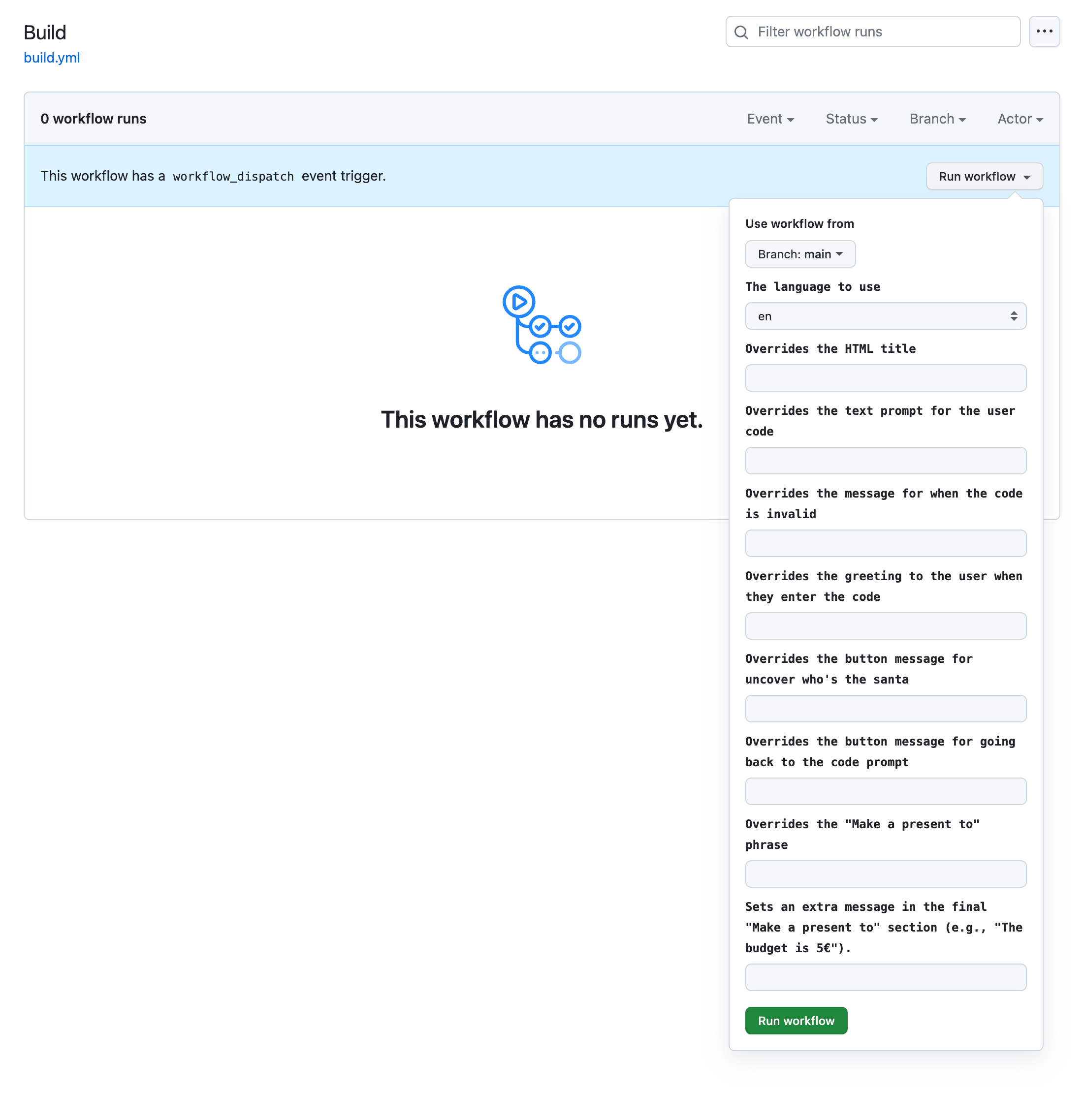 The GitHub Actions section for running the workflow