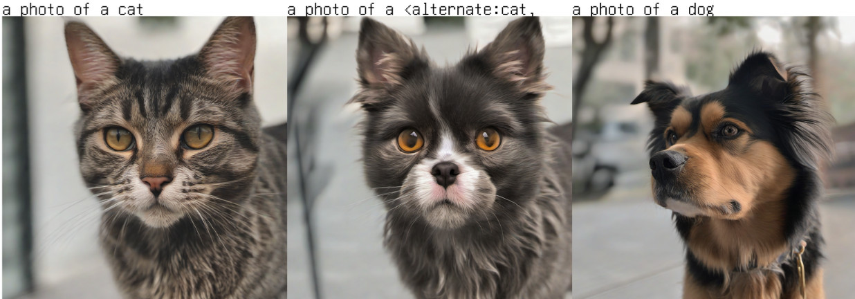 alternate記法で猫と犬を交互に適用した生成結果。両者が混ざった中間的な生成物が並ぶ