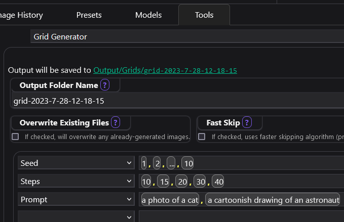 Grid Generatorの出力。パラメータを軸にした格子状の比較画像が並ぶ
