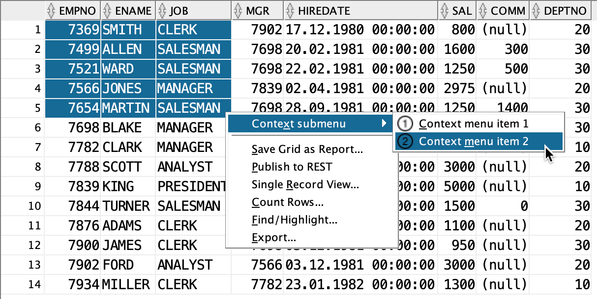 Action via Context Menu of Grid Table