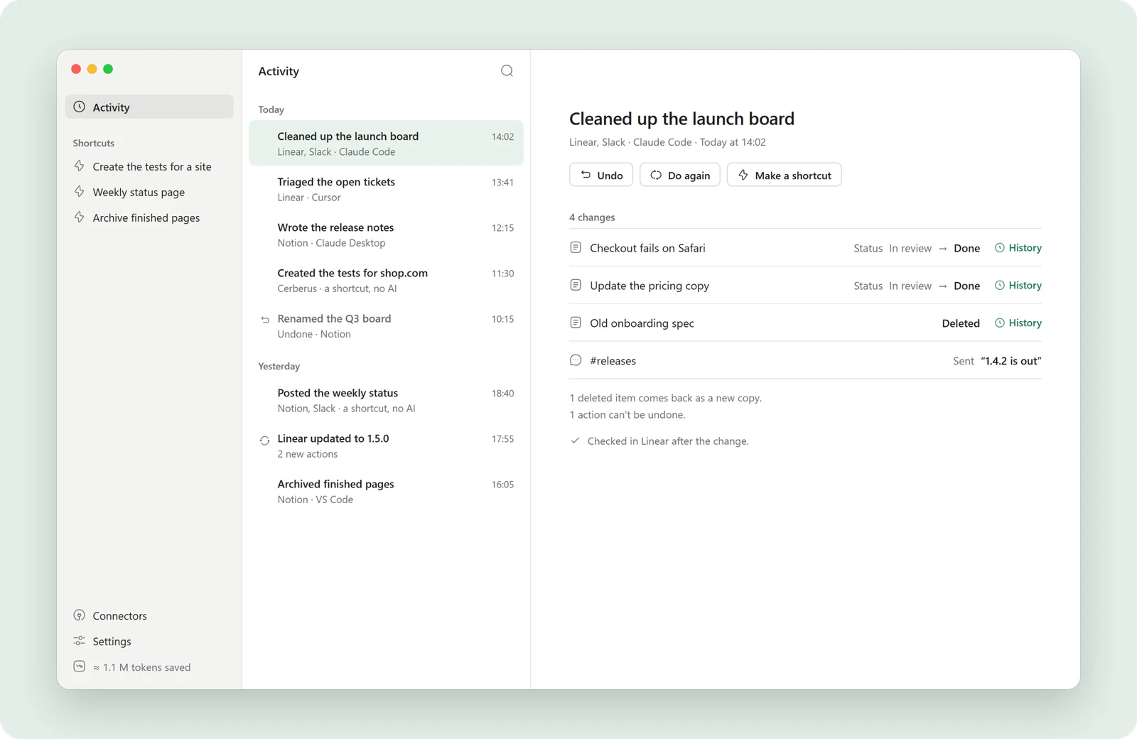 Delta MCP’s Activity window: each task in one sentence, its changes before and after, and Undo.