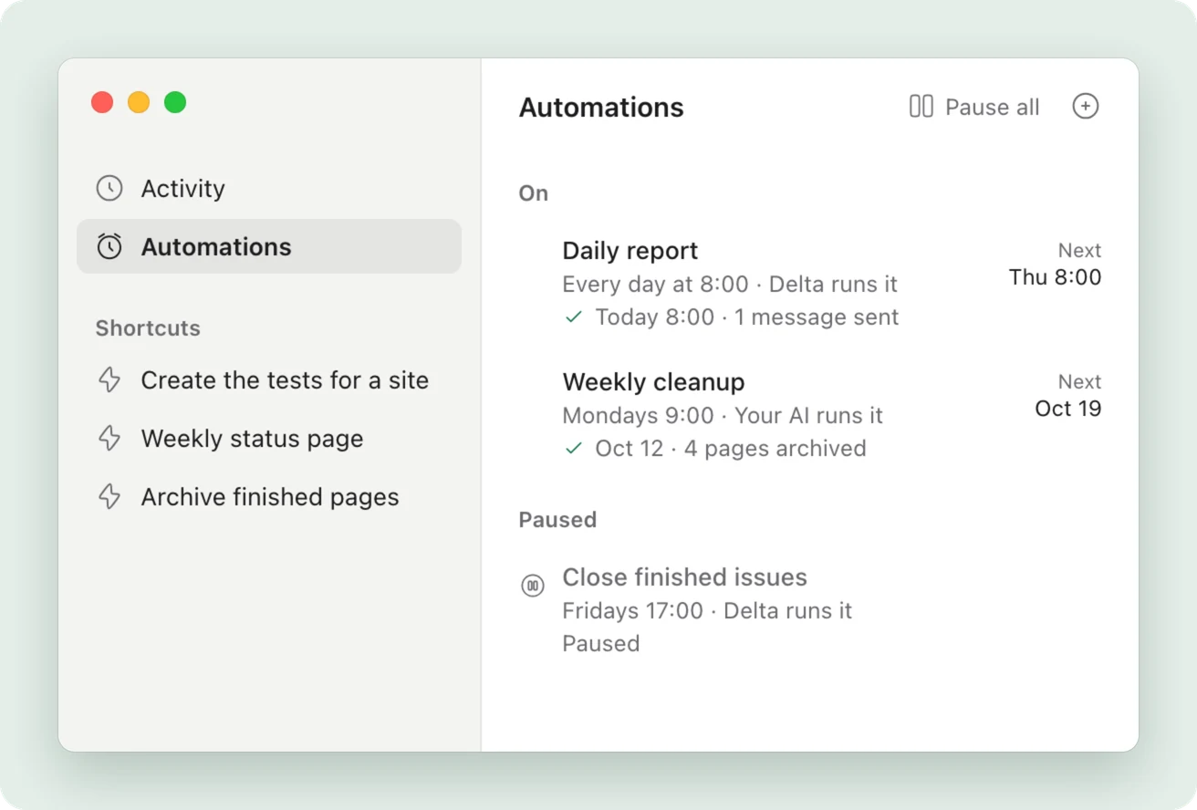 Delta MCP’s Automations list: Daily report every day at 8:00 with its last run and the next one, Weekly cleanup on Mondays, and one automation paused.