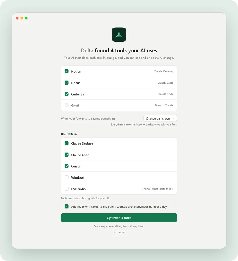 Delta MCP’s first launch: it found 4 tools your AI uses; Optimize 3 tools.