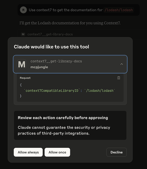 claude calls context7 tool via mcpjungle