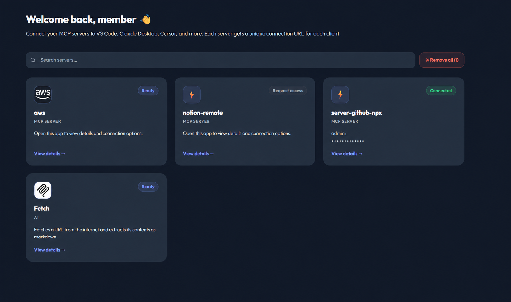 MCPlama member portal showing available MCP servers and connection status.