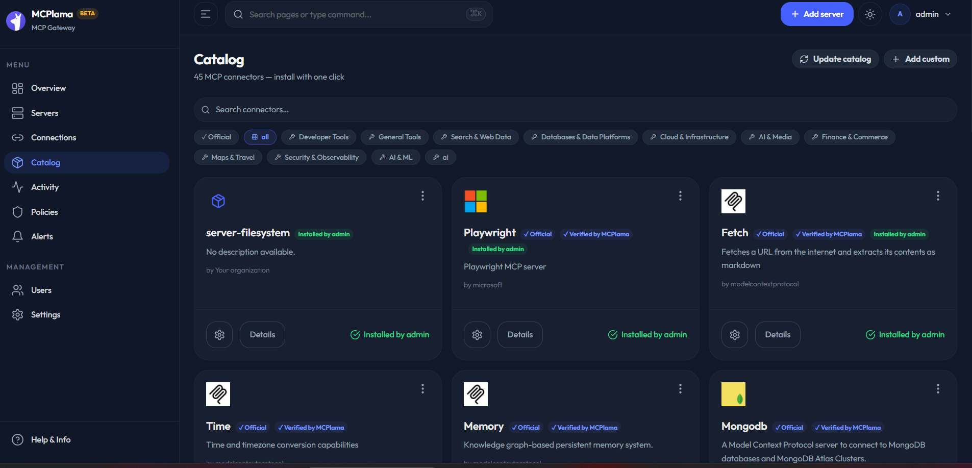 MCPlama registry showing available MCP servers.