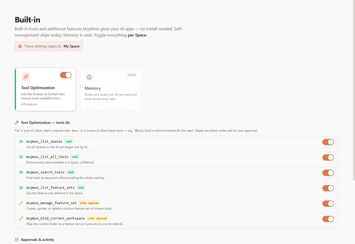 Tool Optimization — the built-in self-management tools the AI drives, reads silent and writes gated