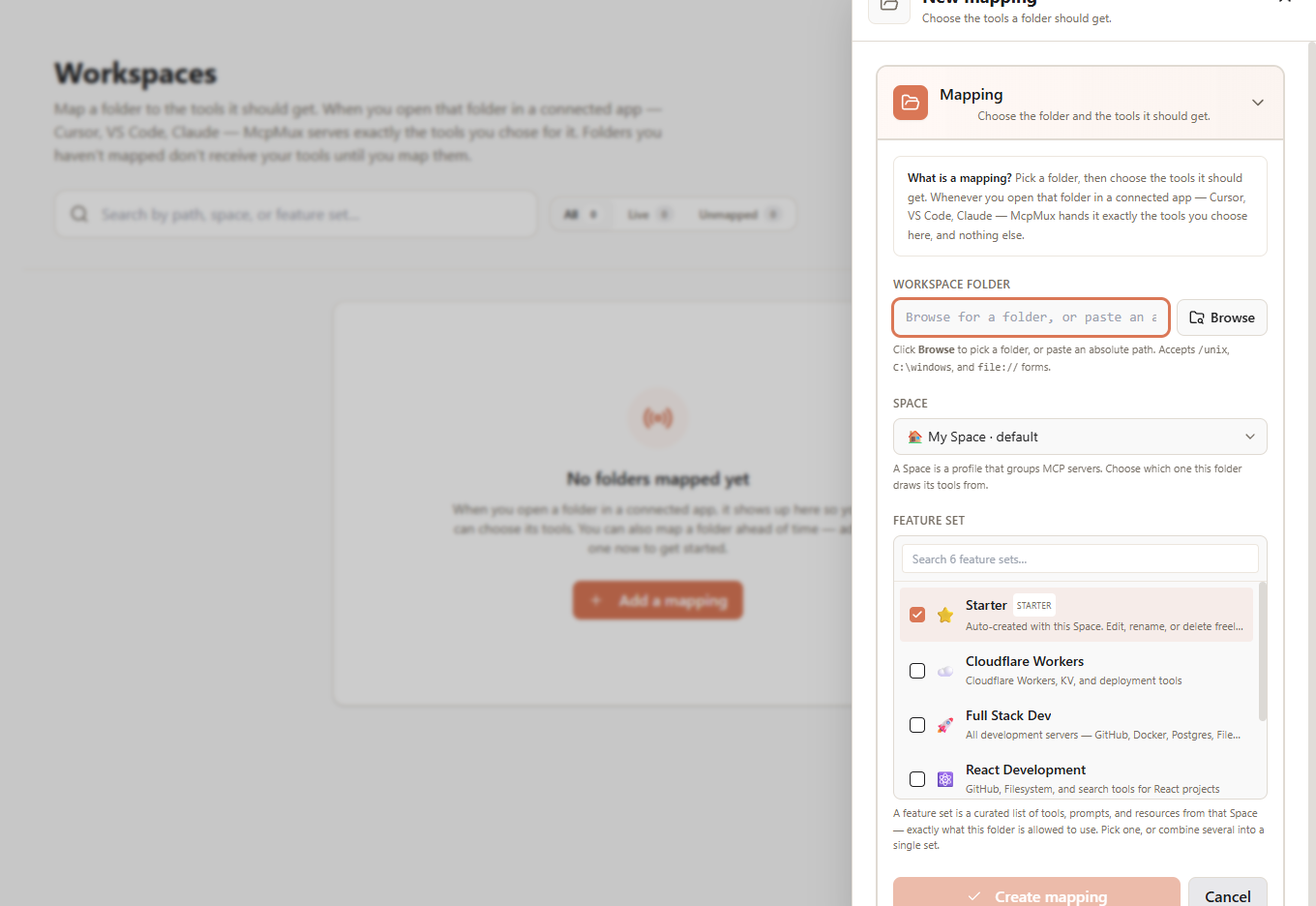 Workspaces — map a folder to the Space and FeatureSet it should get