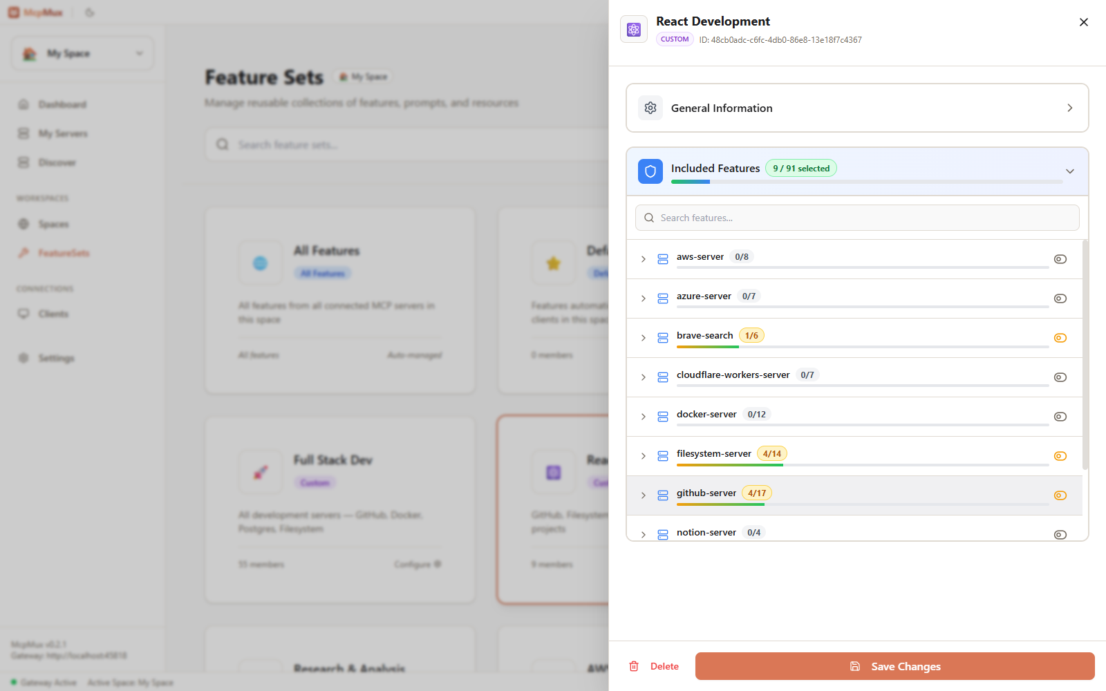 Feature Sets — granular per-server tool selection