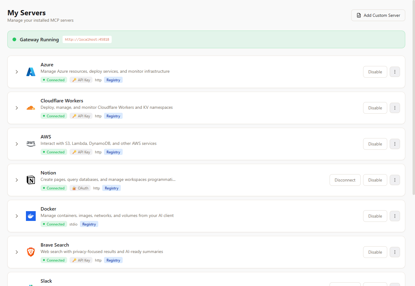 Server Management — Azure, AWS, Notion, Docker, Slack all connected