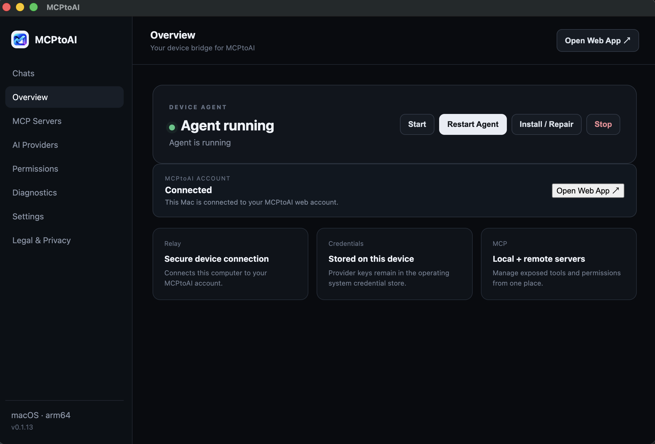 MCPtoAI Desktop overview with connected Device Agent