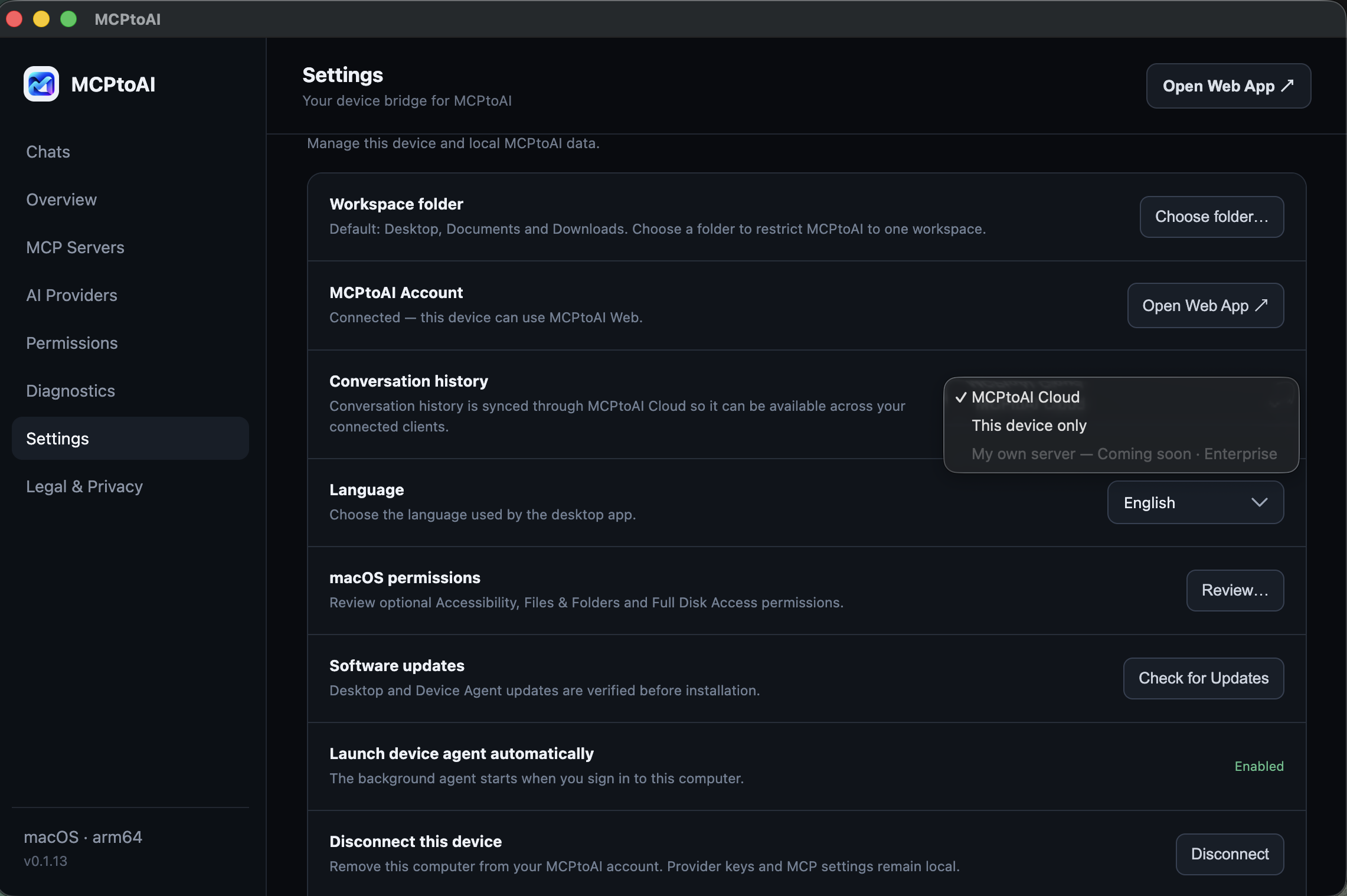 MCPtoAI settings including conversation history location