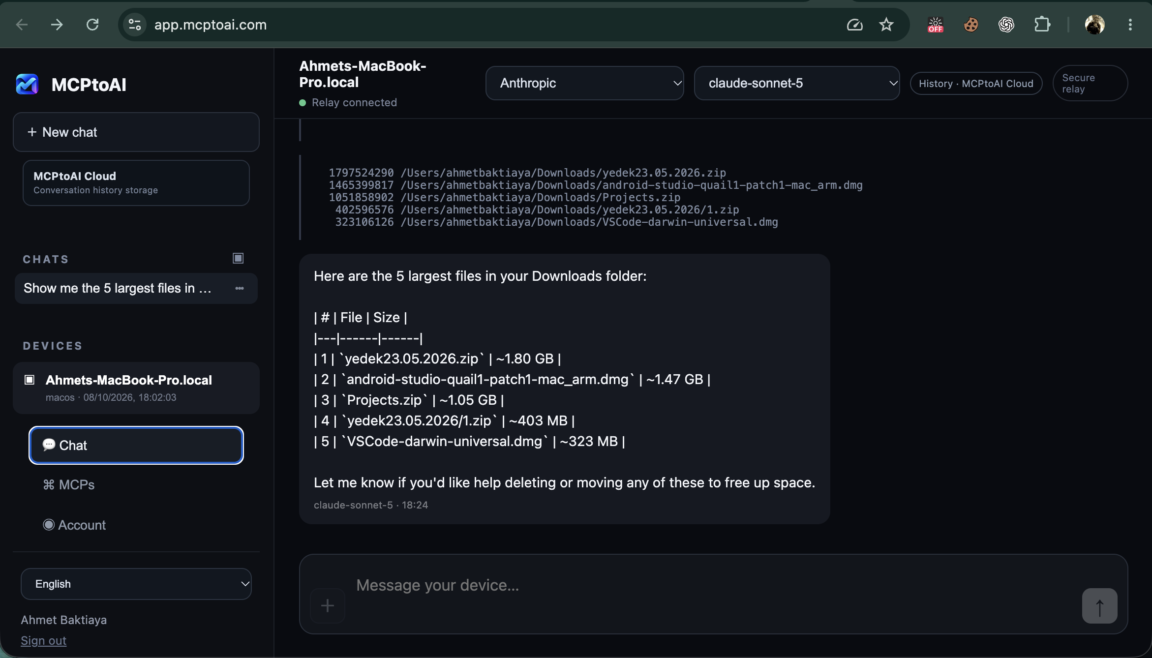 MCPtoAI Web running an AI tool call on a paired computer