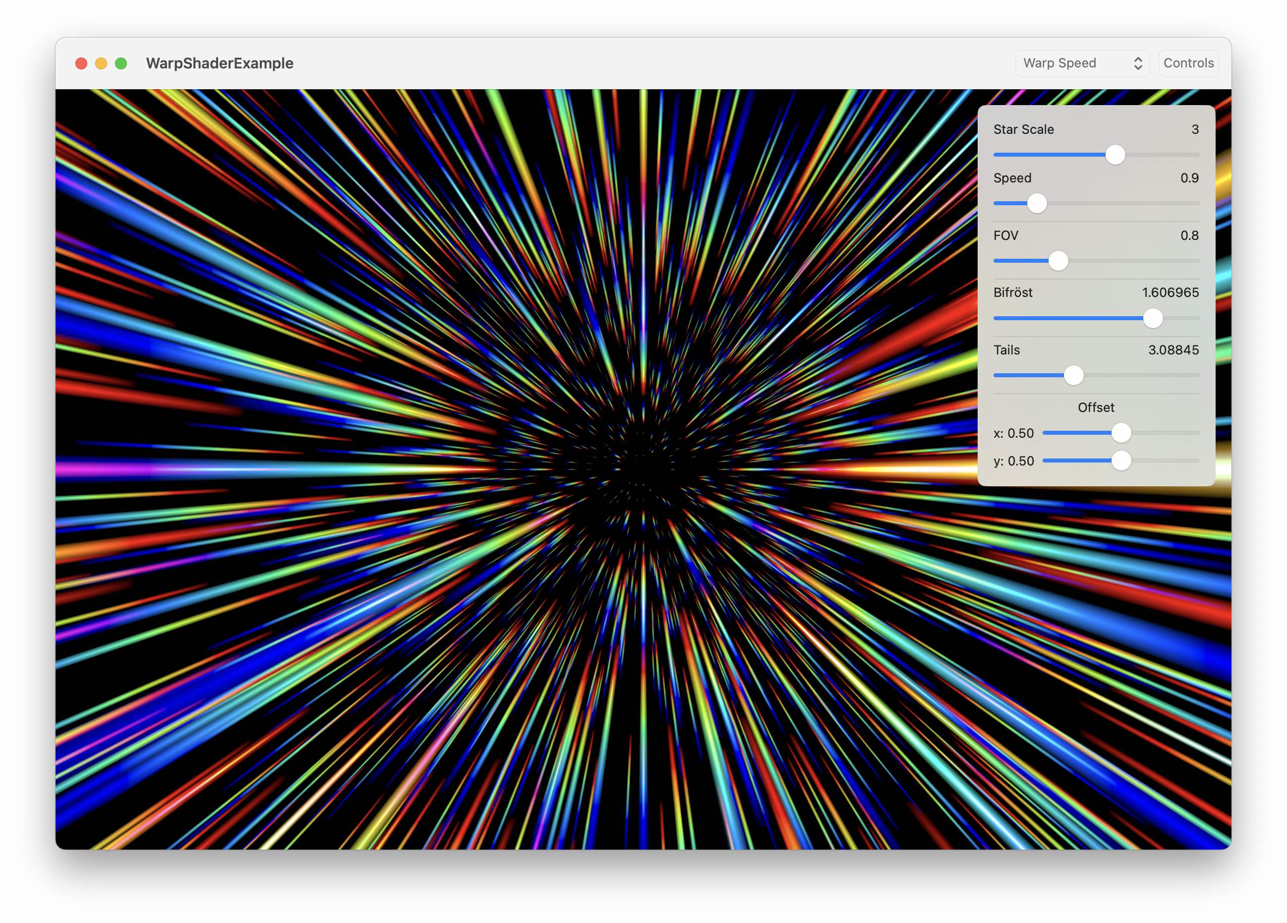 Image of a macOS app of a colorful star field